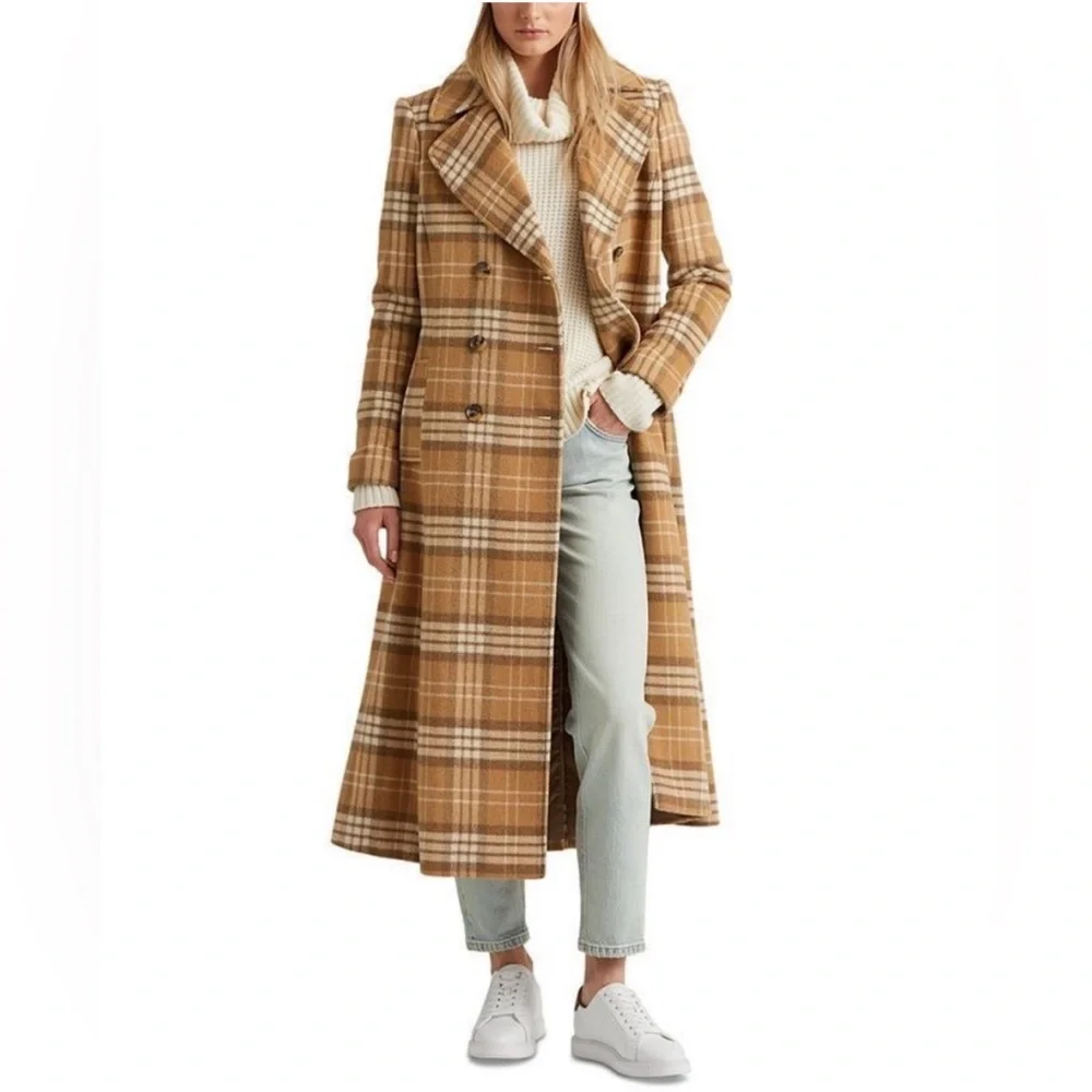 NWT Lauren Ralph Lauren Plaid Double Breasted Reefer Coat In Camel, Size 10 - Picture 1 of 13